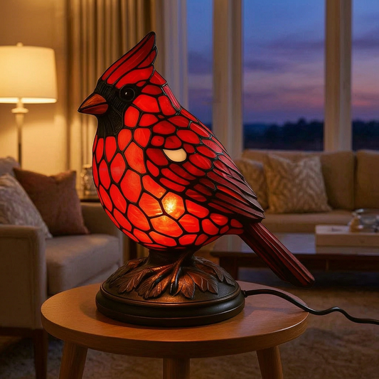 Lámpara de vidrio con pájaro cardenal encendida en un salón elegante