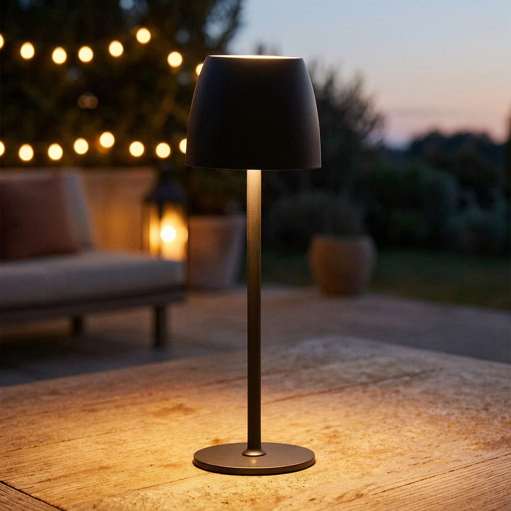 Lámpara de mesa inalámbrica encendida en una terraza al atardecer
