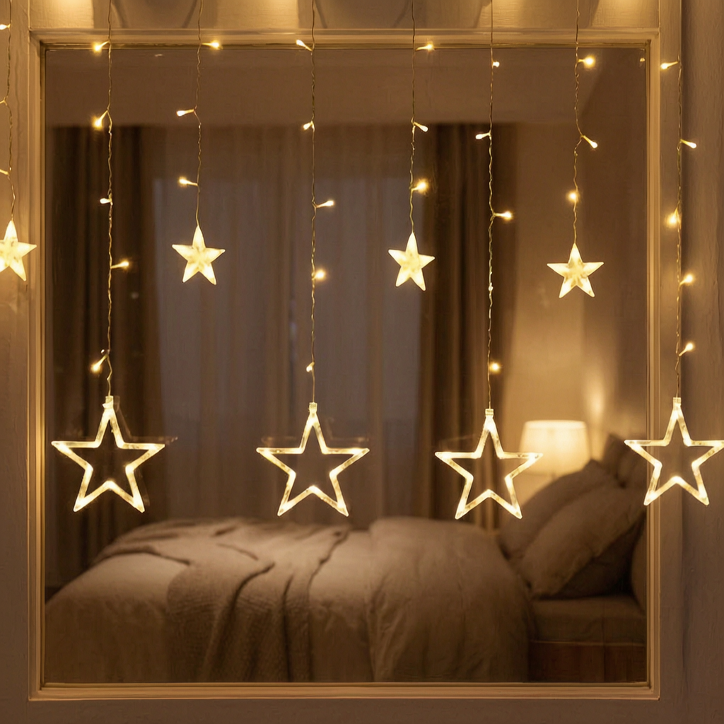 Cortina de luces con estrellas encendida en la ventana de un dormitorio