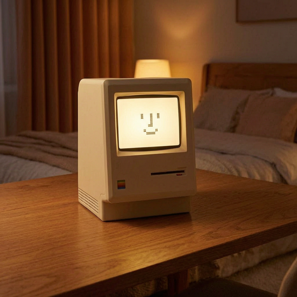 Lámpara retro con forma de ordenador encendida en un dormitorio