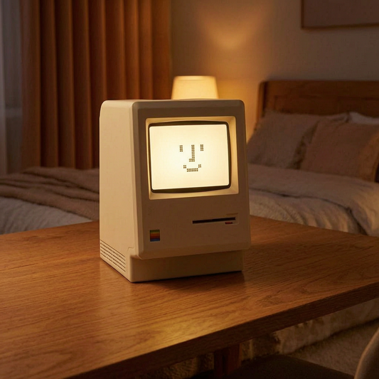 Lámpara retro con forma de ordenador encendida en un dormitorio