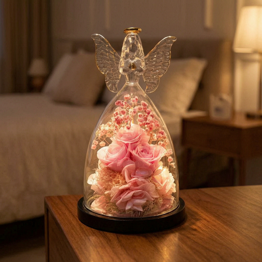 Rosa preservada con luz bajo cúpula de cristal en un dormitorio elegante