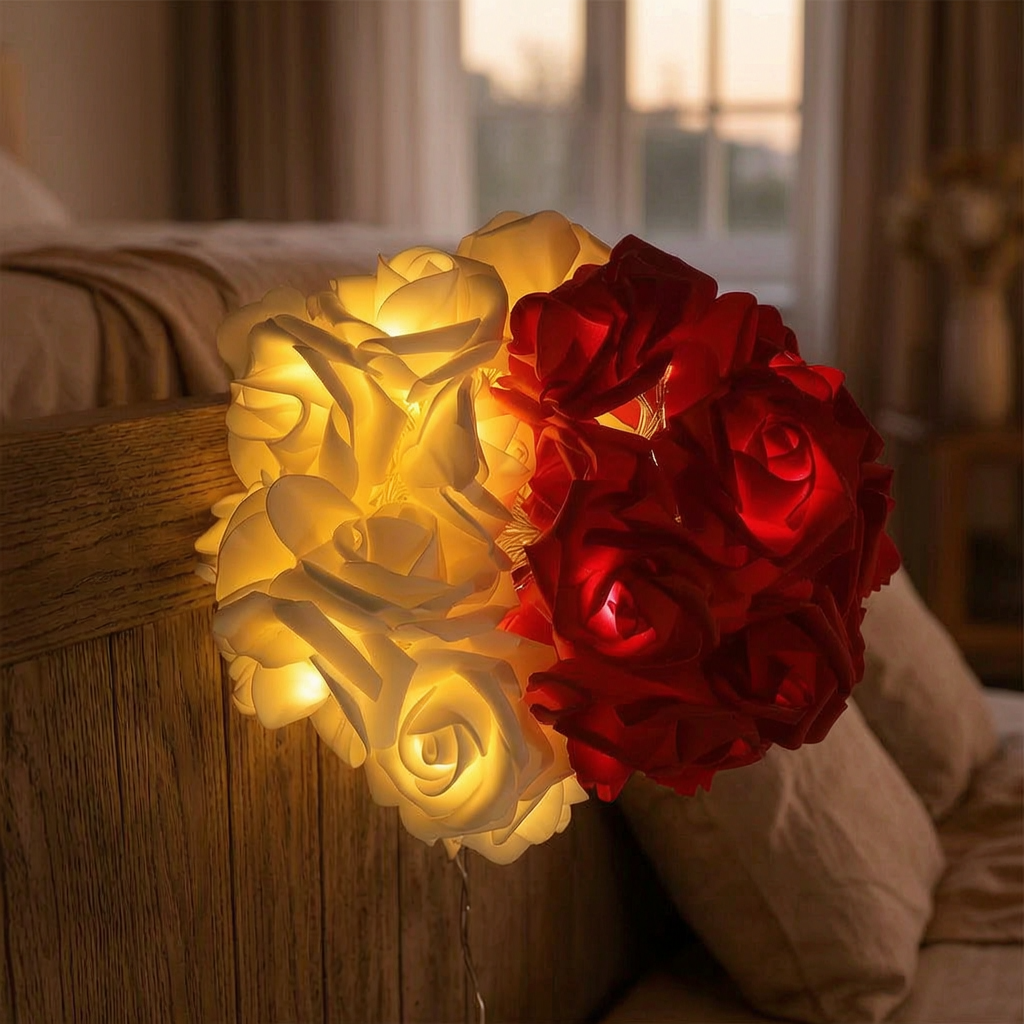 Guirnalda de luces con rosas encendida sobre el cabecero de una cama