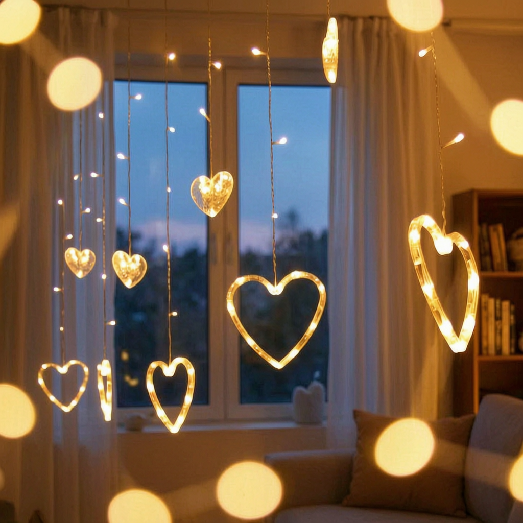 Guirnalda de luces de corazones encendida en una ventana