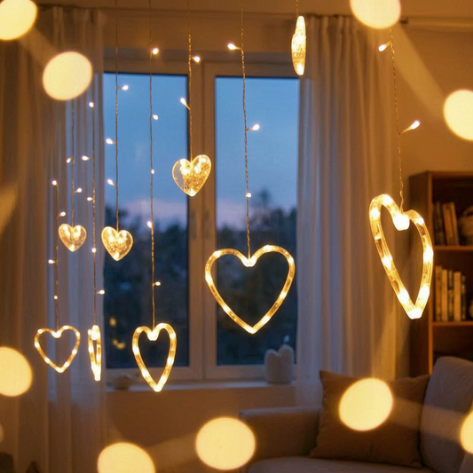 Guirnalda de luces de corazones encendida en una ventana
