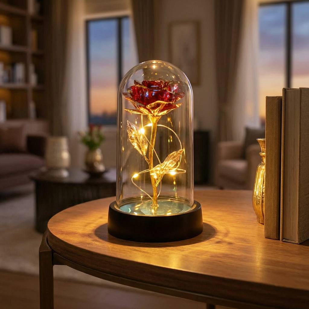 Lámpara de rosa con base de madera encendida en un salón elegante
