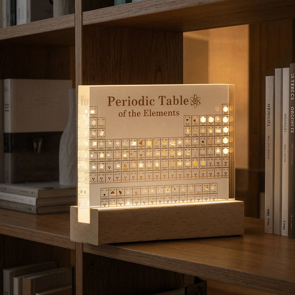 Tabla periódica iluminada en una estantería de un estudio