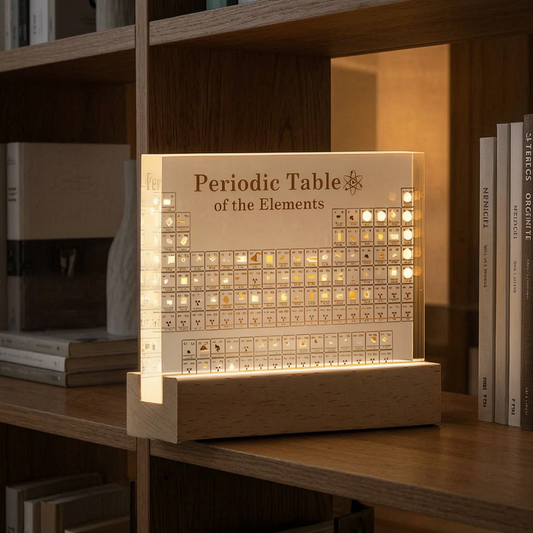 Tabla periódica iluminada en una estantería de un estudio