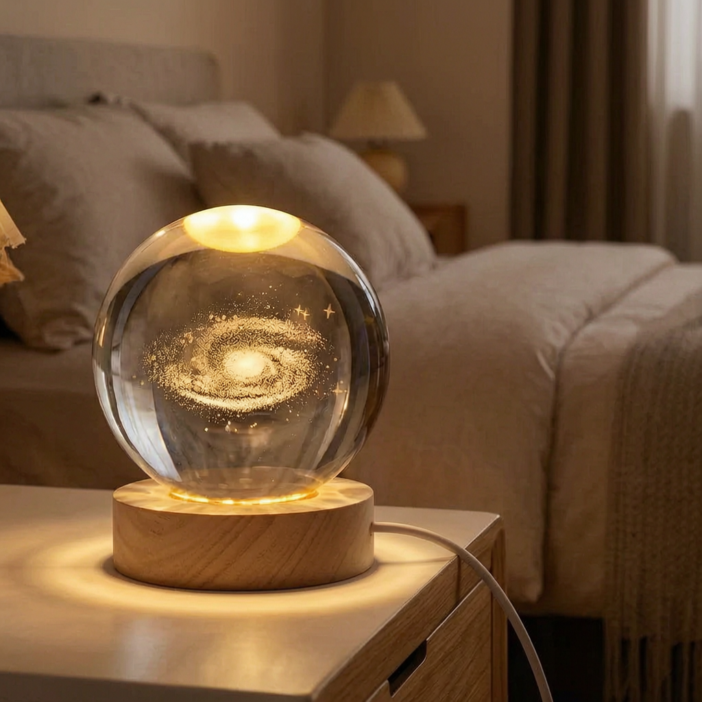 Bola de cristal con planeta encendida en una mesita de noche