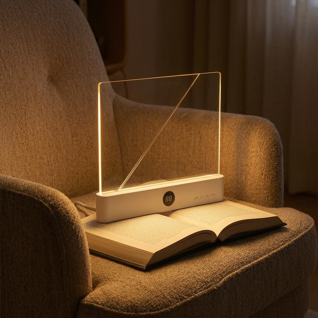 Lámpara de lectura para libros encendida sobre un libro abierto