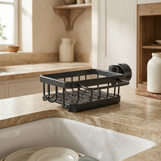 Organizador de fregadero de aluminio en una cocina luminosa
