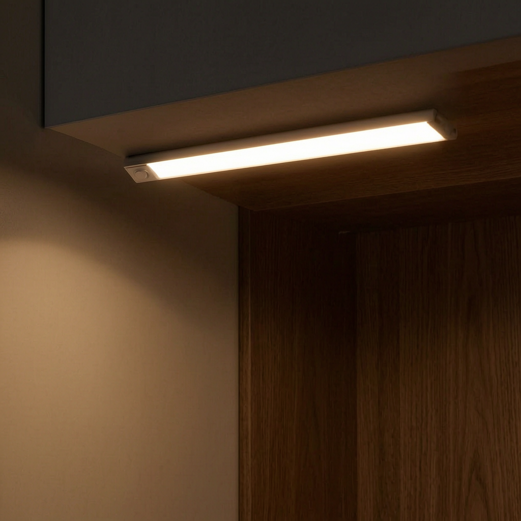 Luz LED adhesiva con sensor encendida en casa de noche