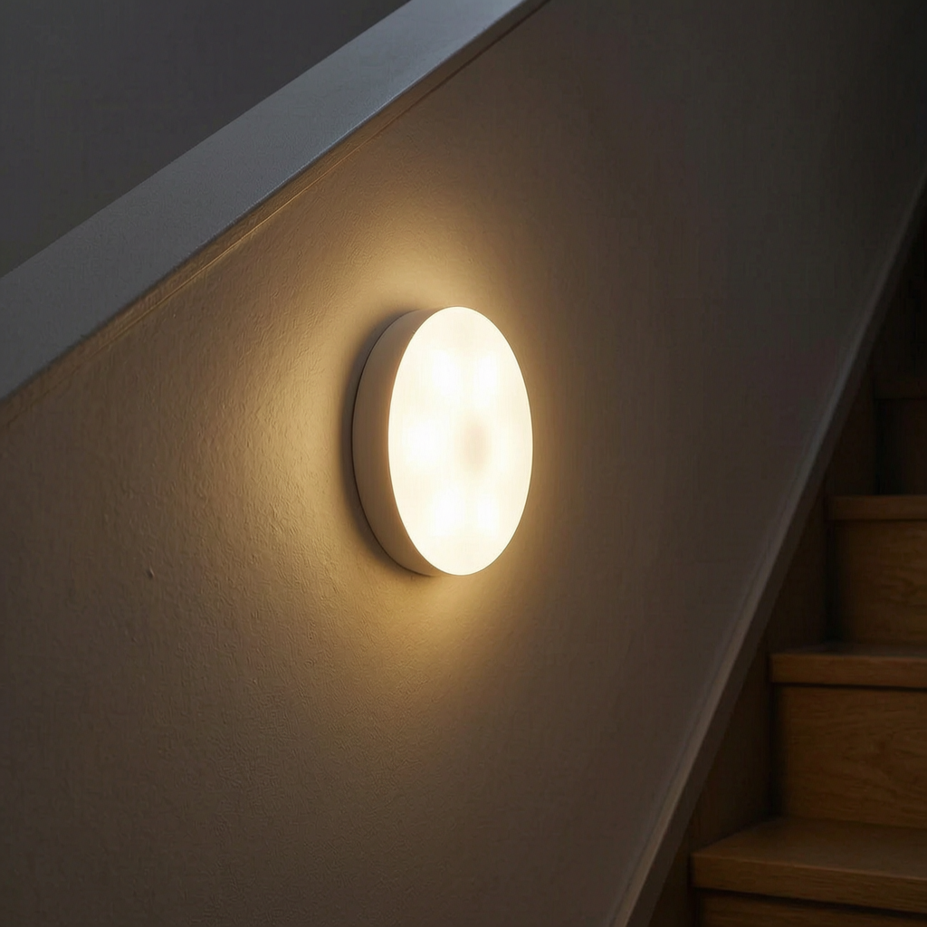 Luz nocturna con sensor encendida en una escalera