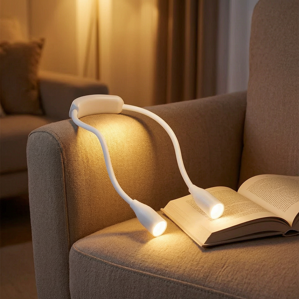 Lámpara de lectura de cuello encendida en un salón acogedor