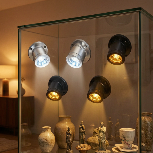 Mini foco LED iluminando una vitrina en un salón