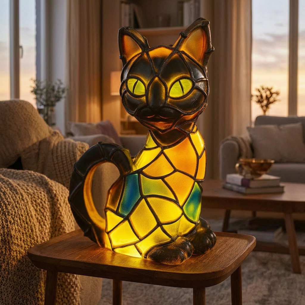 Lámpara de gato estilo Tiffany encendida en un salón acogedor