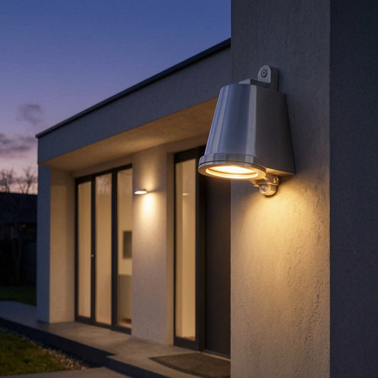 Lámpara de pared exterior encendida junto a la puerta de una casa