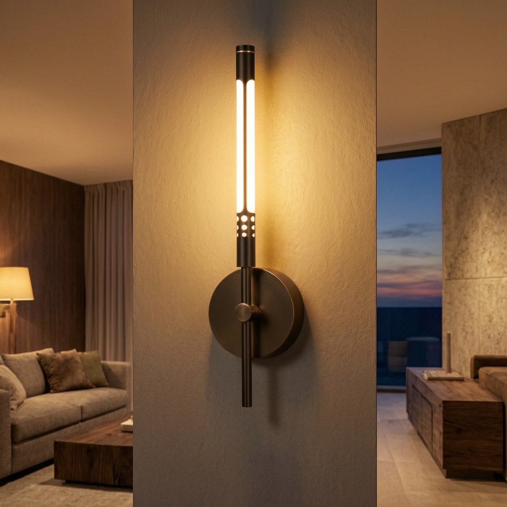 Lámpara de pared LED de metal encendida en un salón cálido y elegante