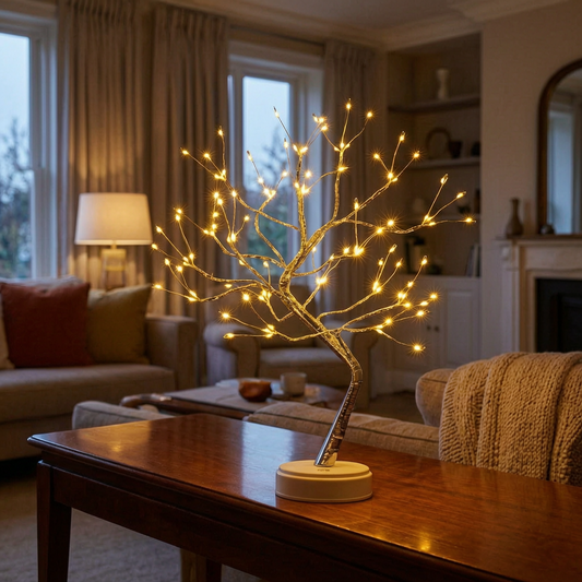 Lámpara árbol bonsái encendida sobre un aparador