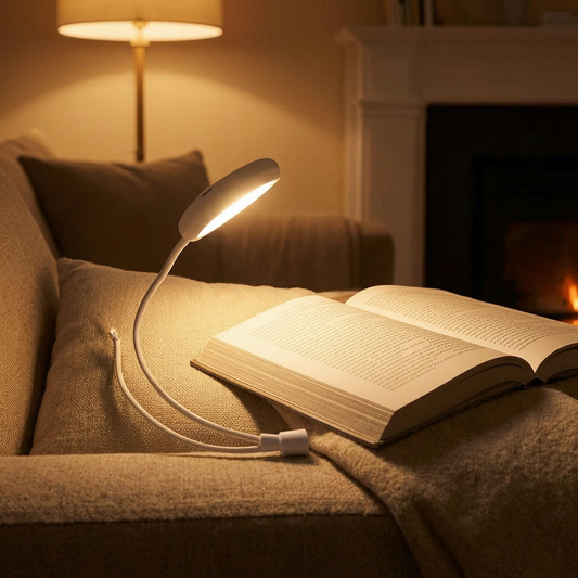 Lámpara de lectura de cuello encendida en un sofá acogedor