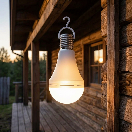 Bombilla LED recargable encendida en un porche al atardecer