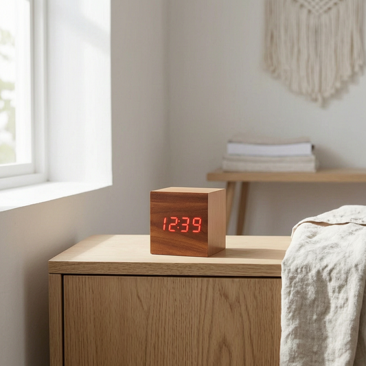 Despertador digital de madera en una mesita de noche