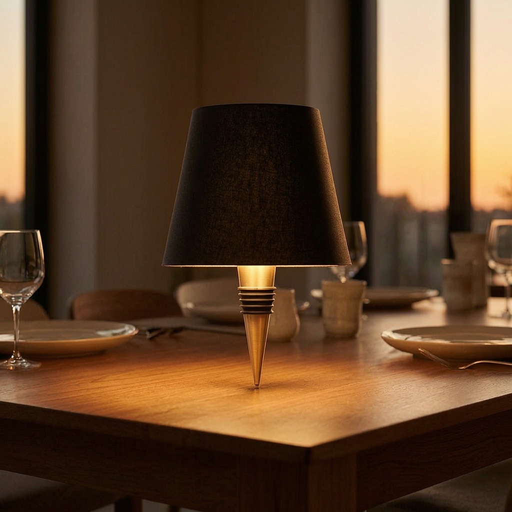 Lámpara botella LED encendida sobre una mesa de comedor