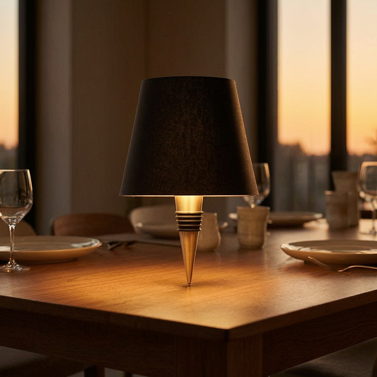 Lámpara botella LED encendida sobre una mesa de comedor