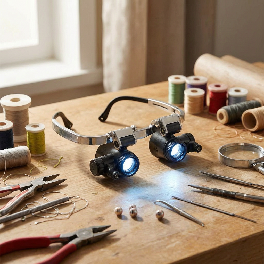 Lupa de cabeza con luz LED en una mesa de manualidades