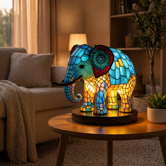 Lámpara LED de animal de cristal encendida en un salón acogedor