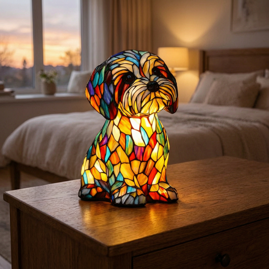 Lámpara de perro estilo vitral encendida en un dormitorio