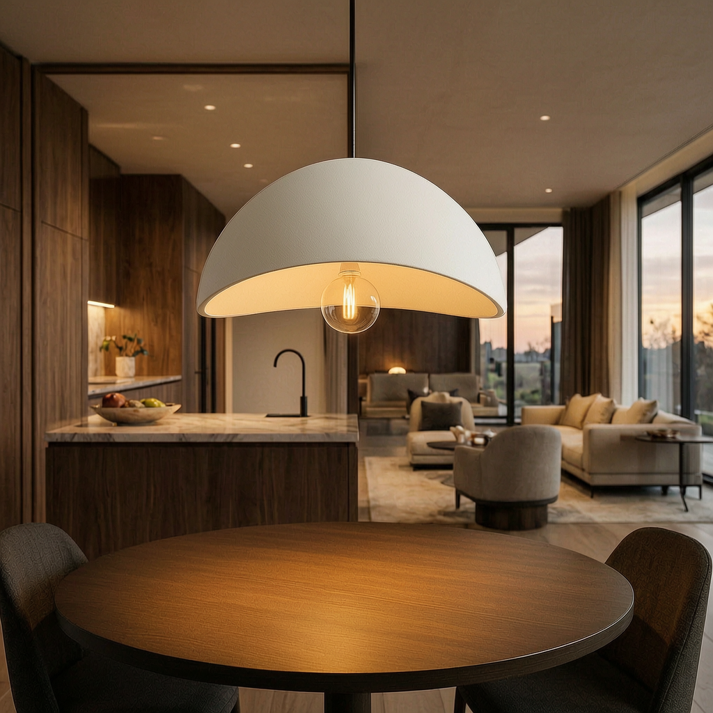 Lámpara colgante encendida sobre una mesa de comedor
