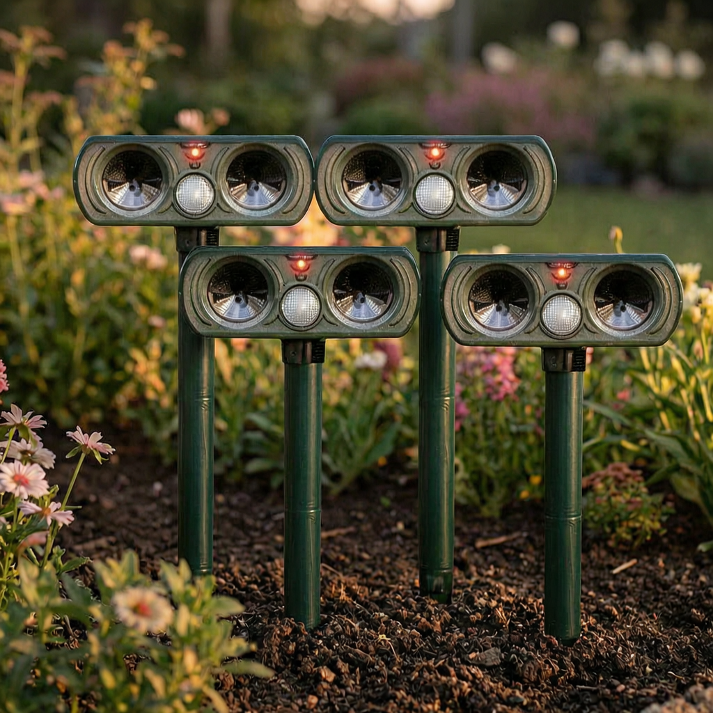 Repelente solar de animales en un parterre de jardín