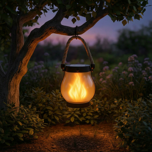 Farol solar con efecto llama encendido en un jardín al atardecer