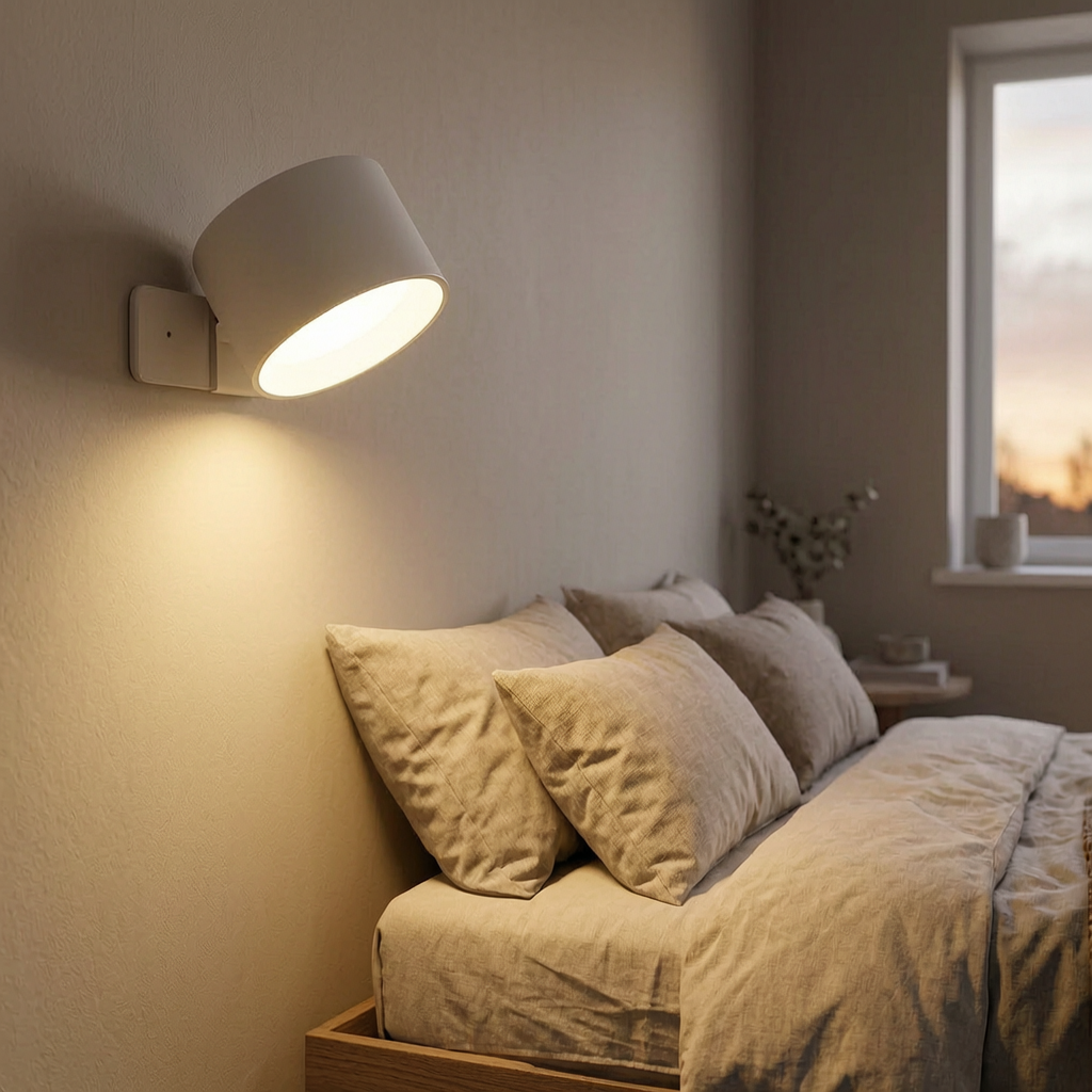 Lámpara de pared magnética encendida junto a una cama