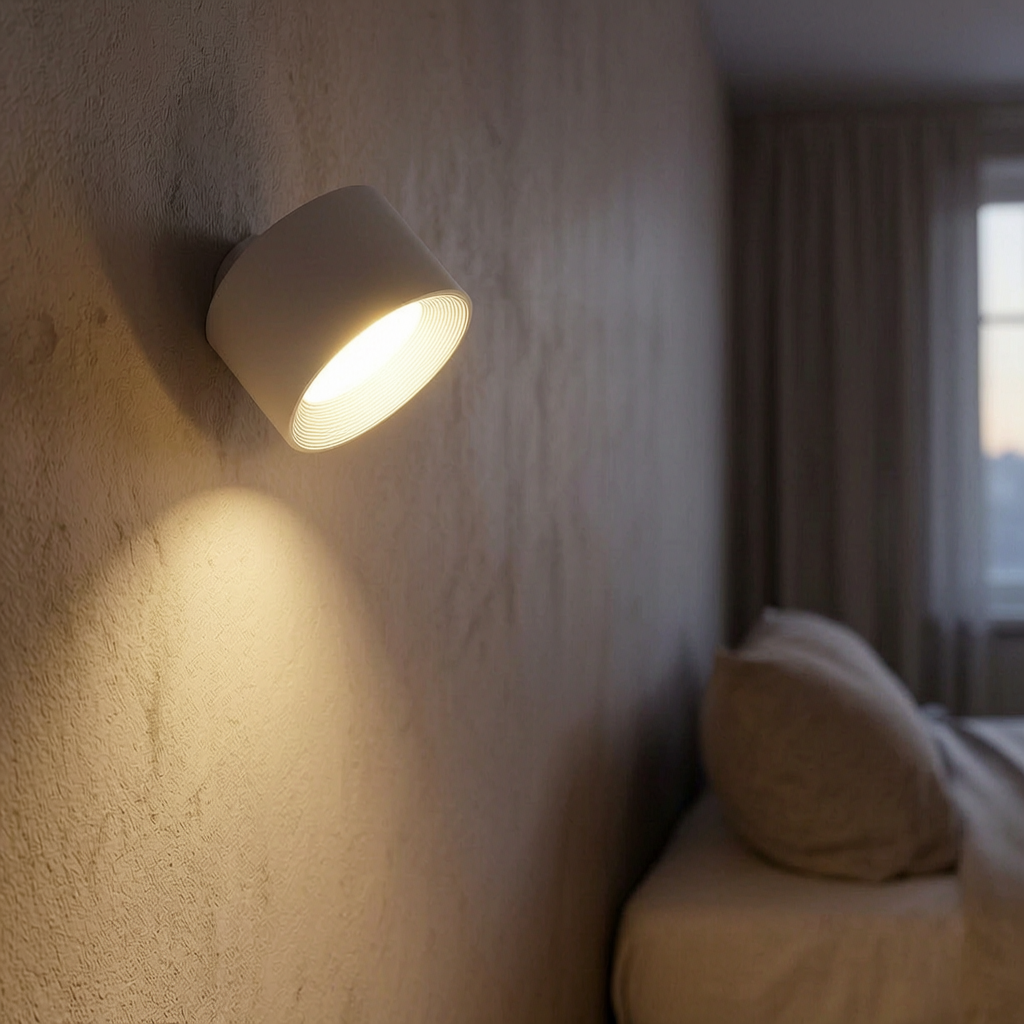 Luz de pared LED recargable encendida en un dormitorio