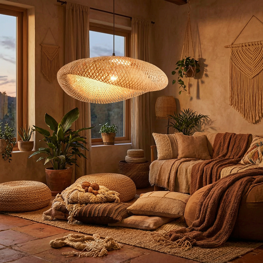 Lámpara de bambú BambooBoho encendida en un salón boho