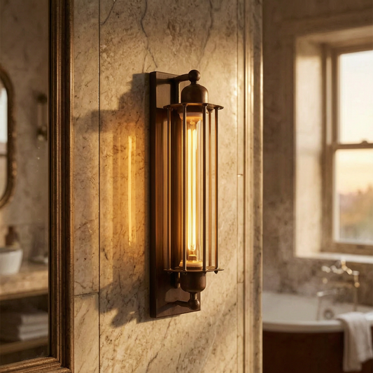 Aplique vintage de metal encendido en un baño elegante