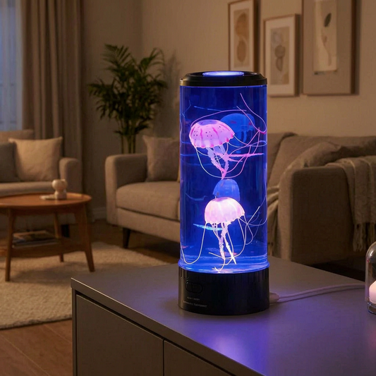 Lámpara de medusas LED encendida en un salón moderno