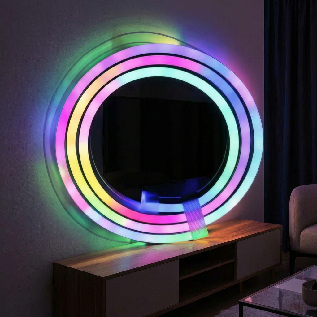 Tira de luces LED neón encendida en un salón moderno