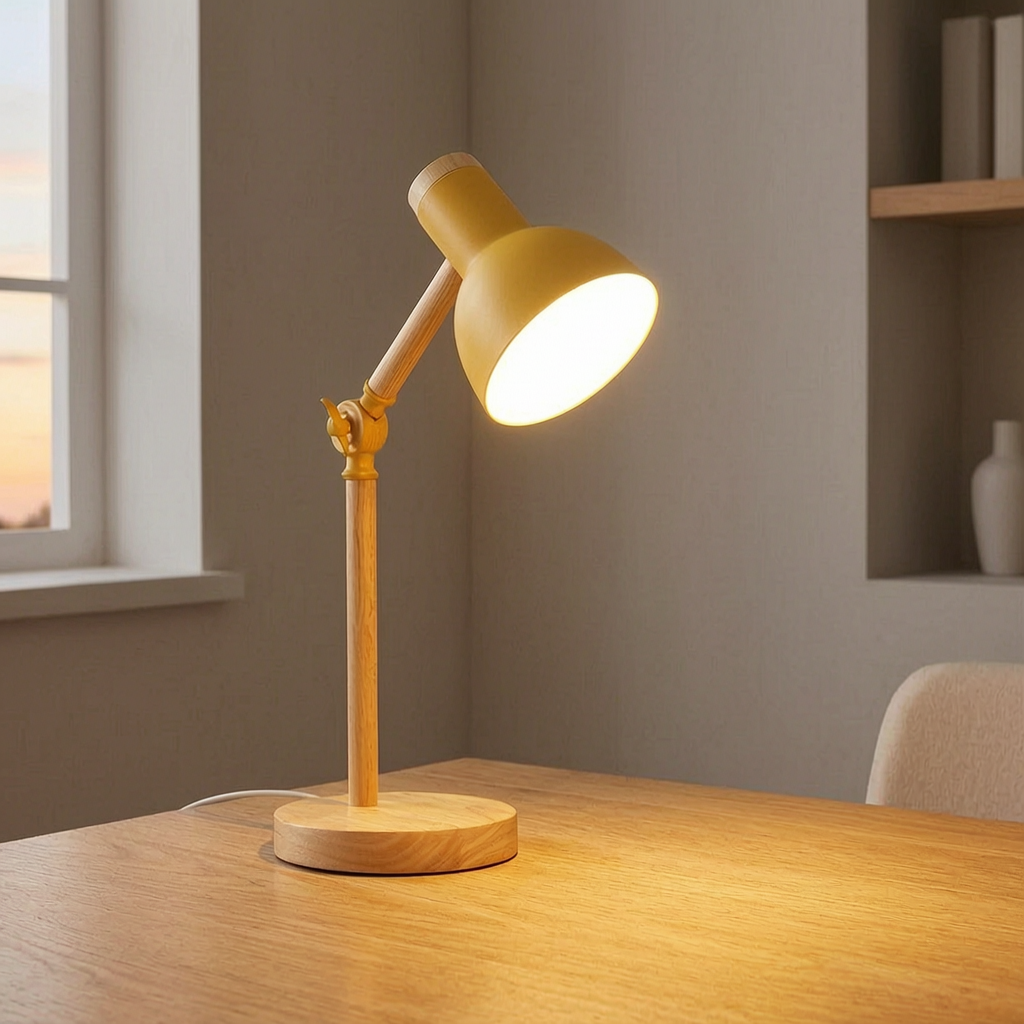Lámpara de escritorio de madera nórdica encendida sobre un escritorio