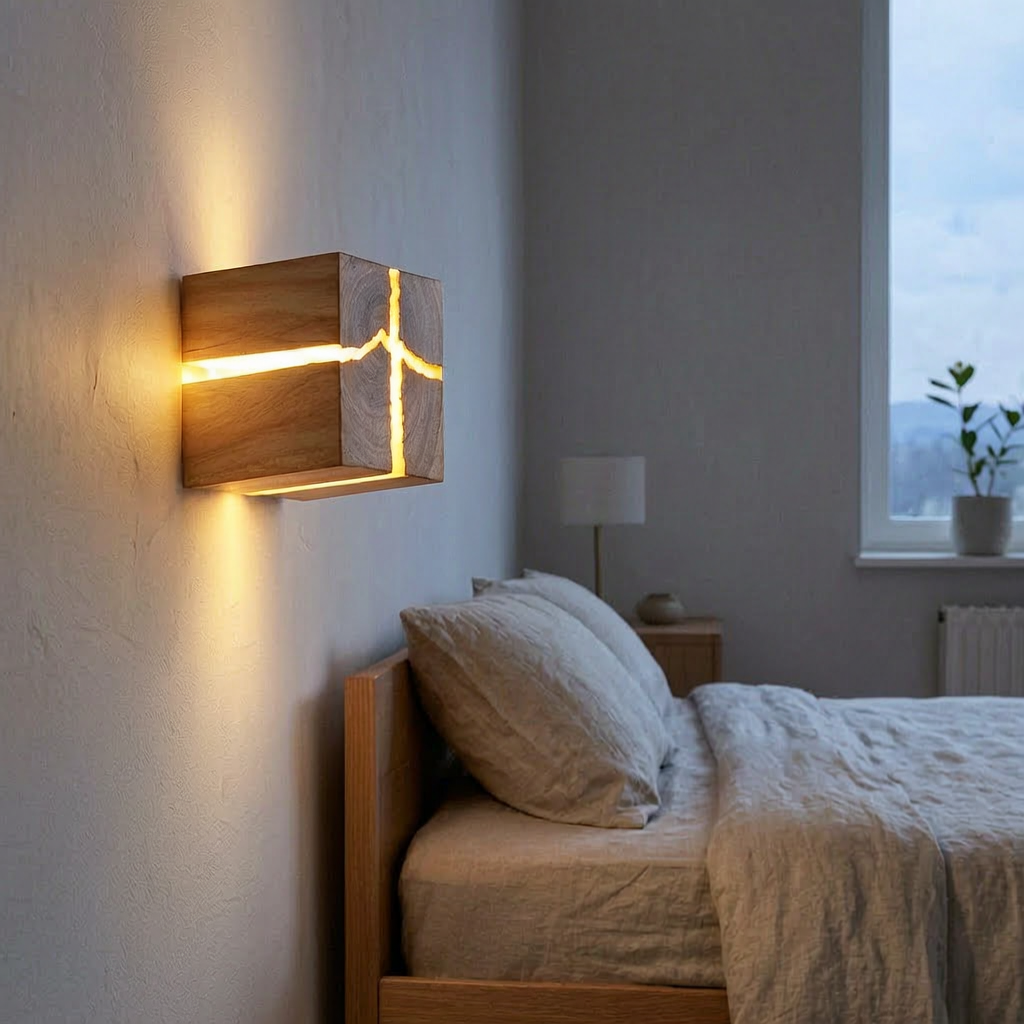 Luz de pared WoodAura encendida junto a una cama