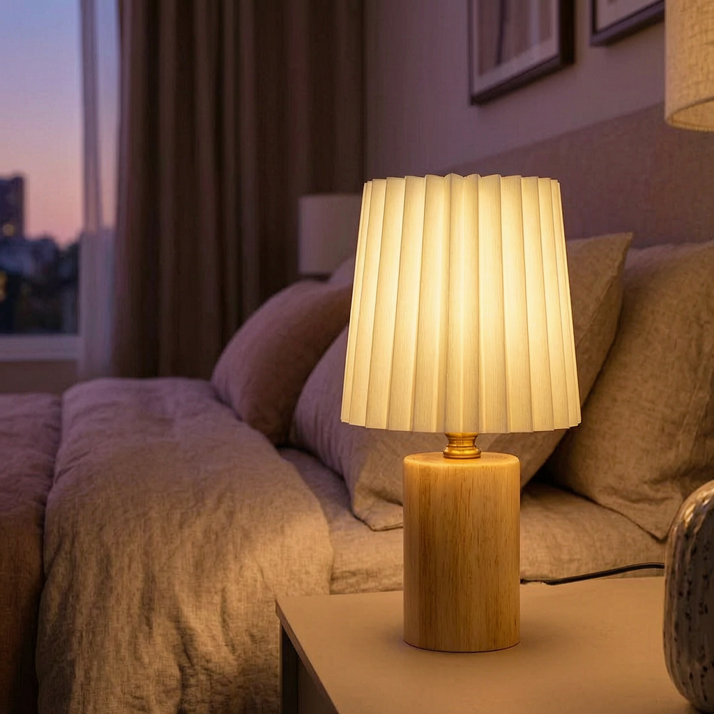 Lámpara de mesa plisada encendida en una mesita de noche