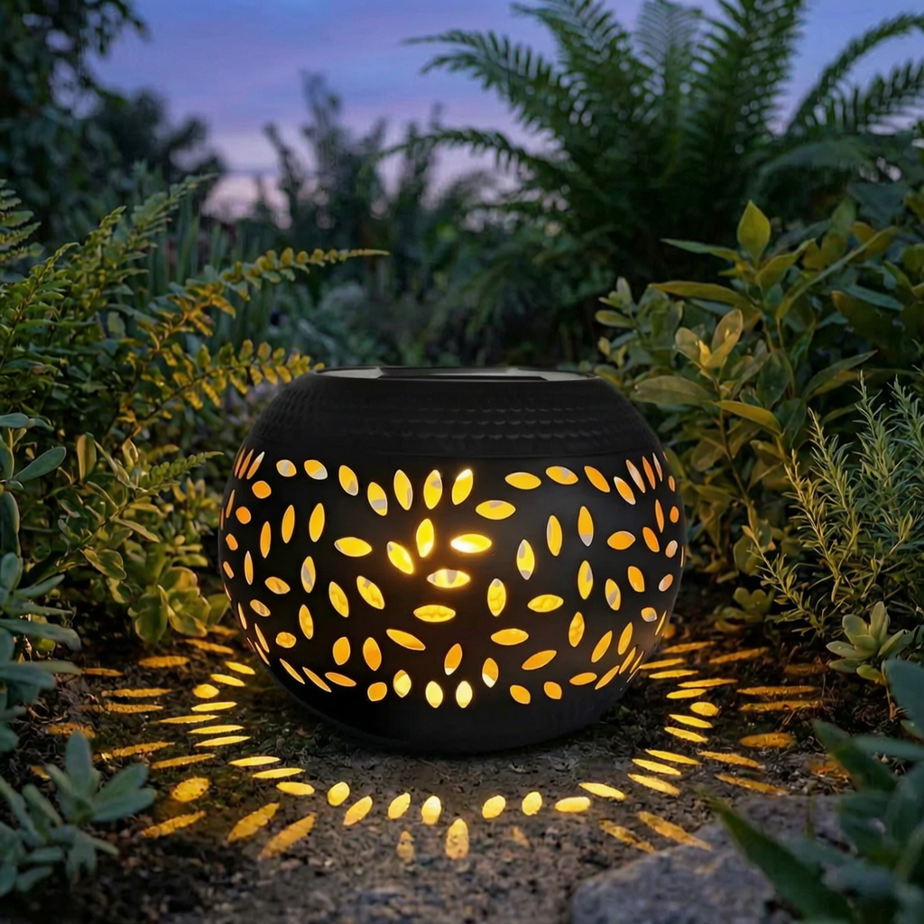 Farol solar de cerámica encendido en un jardín al atardecer