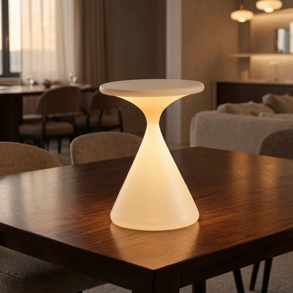 Lámpara inalámbrica Aurora encendida sobre una mesa de comedor