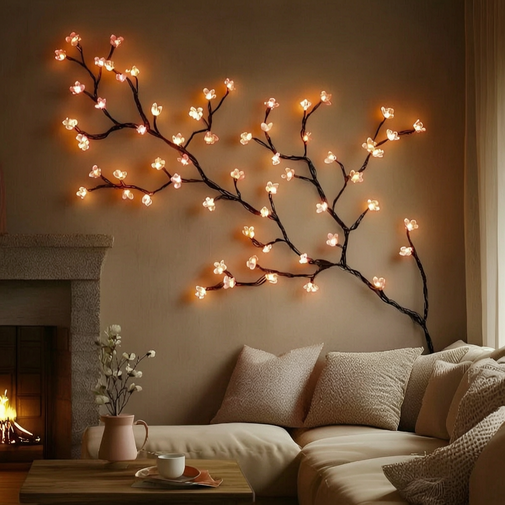 Rama decorativa LED encendida en la pared de un salón acogedor