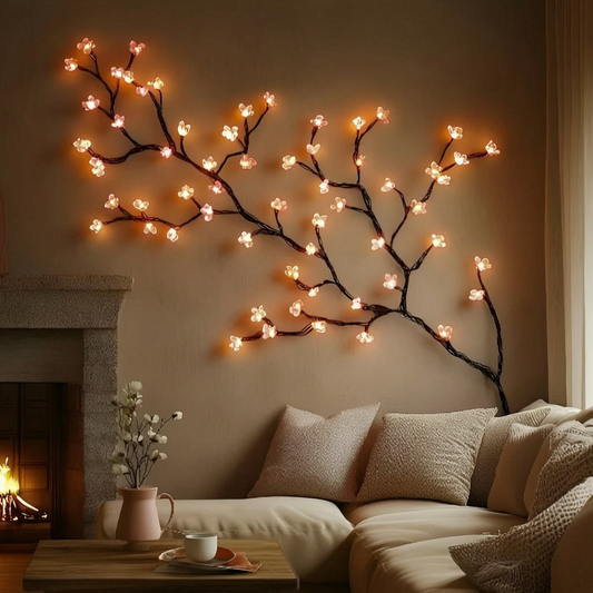 Rama decorativa LED encendida en la pared de un salón acogedor