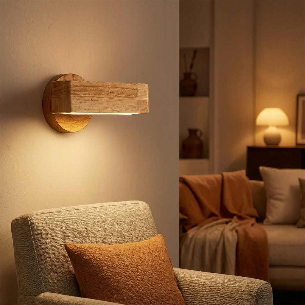 Lámpara de pared giratoria encendida junto a un sillón