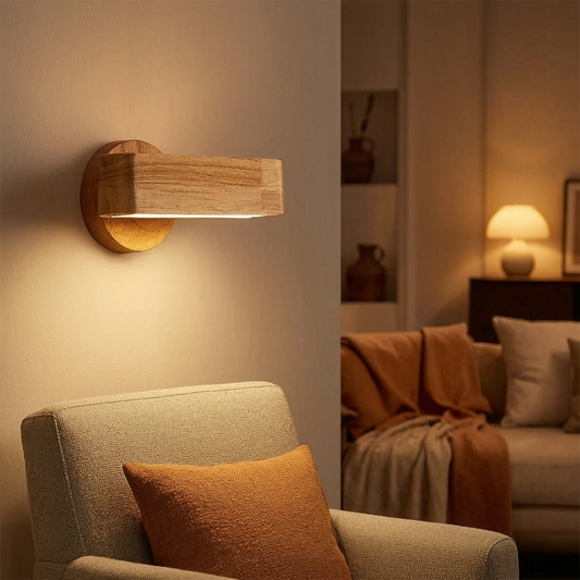 Lámpara de pared giratoria encendida junto a un sillón