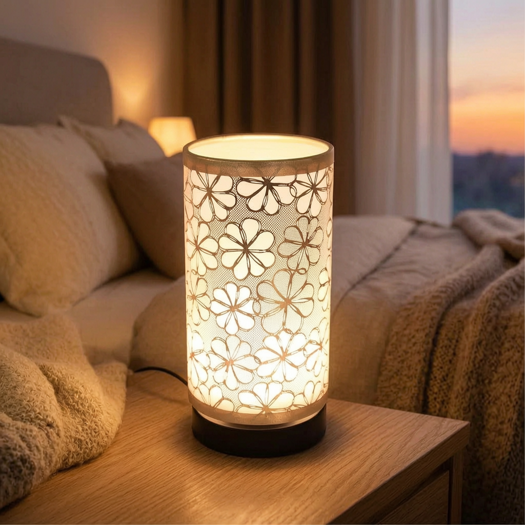 Lámpara floral USB encendida en una mesita de noche